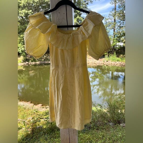 H&M Yellow Linen‎ Blend Off Shoulder Summer Sundress Mini Dress XS NWT - Picture 6 of 8